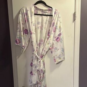Floral Print White Kimono Robe with Pink and Purple Roses